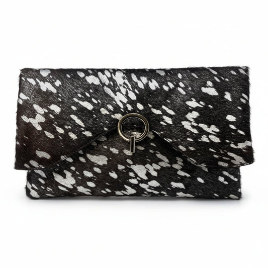 Black, brown, and silver patterned clutch bag 
